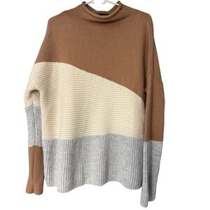French Connection Womens Brown Cream Gray Colorblock Wool Blend Sweater Size M